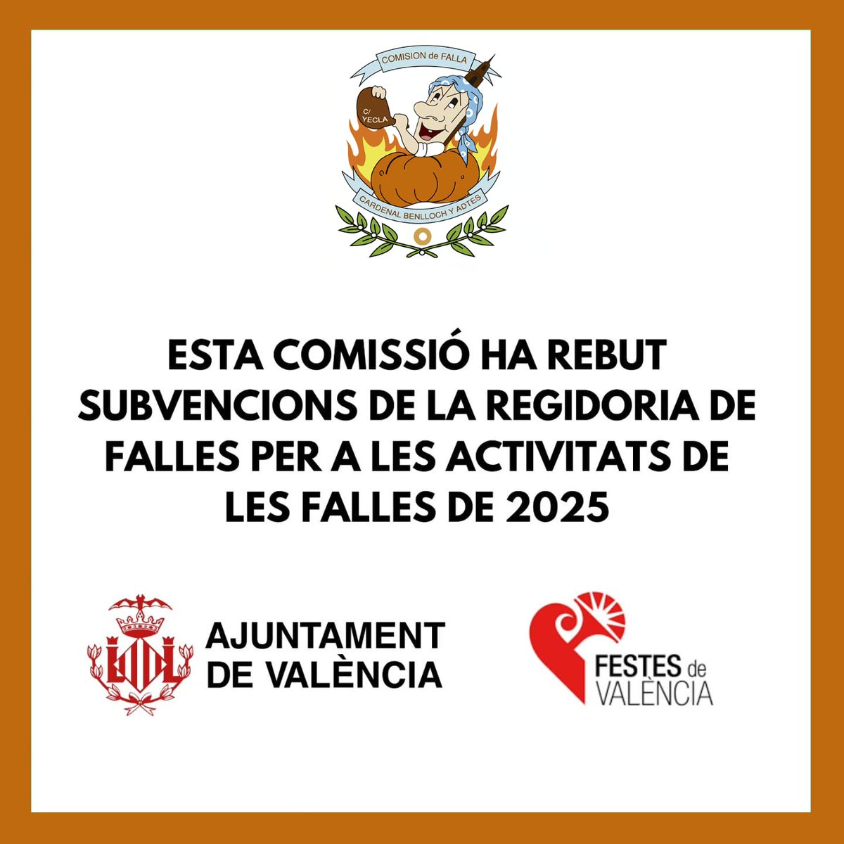 FallaYecla's tweet image. L'associacio Falla Yecla Cardenal Benlloch ha rebut les subvencions del Ajuntament de València per q les activitats de les falles de 2025.

@ajuntamentvlc 
@festesdevlc 
#falles2025