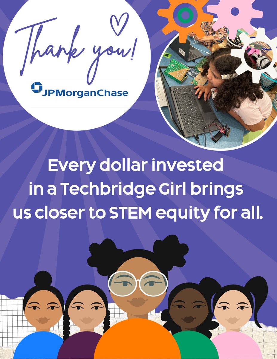 techbridgegirls's tweet image. A heartfelt thank you to  @jpmorgan for your incredible support in advancing STEM equity! 
With your generosity, Techbridge Girls is providing more girls with the tools, opportunities, and confidence to excel in STEM and shatter the glass ceilings in these fields.
#STEMEquity