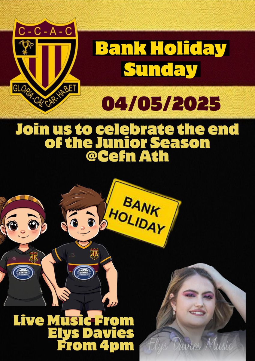 Join us on Sunday 4th May as we celebrate the end of the Junior Season in style! 🏉

The club will be open from 12pm – everyone welcome! ❤️🖤💛

We’ve got live music from the amazing Elys Davies from 4pm – don’t miss it! 🎶 

See you there! 🍺