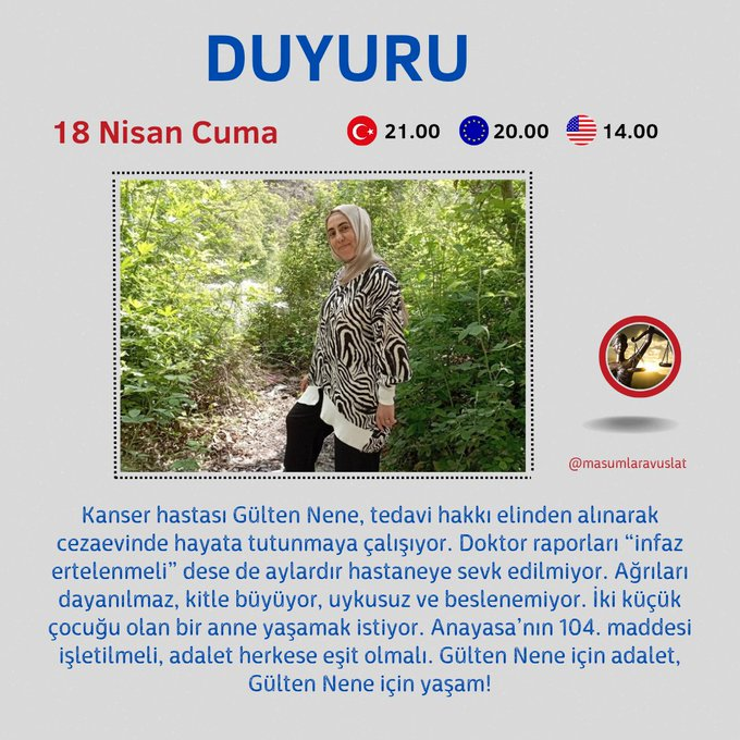 🔴🟡🔵 ETİKET DUYURUSU 🔵🟡🔴

🗓 18 Nisan Cuma (Yarın)

🇹🇷 21.00
🇪🇺 20.00
🇺🇸 14.00

Yarın akşam sizleri, Tarsus Cezaevi’nde yaşam mücadelesi veren kanser hastası Gülten Neneʼnin sesi olmaya davet ediyoruz.

 #KHKlıİçinSesVer