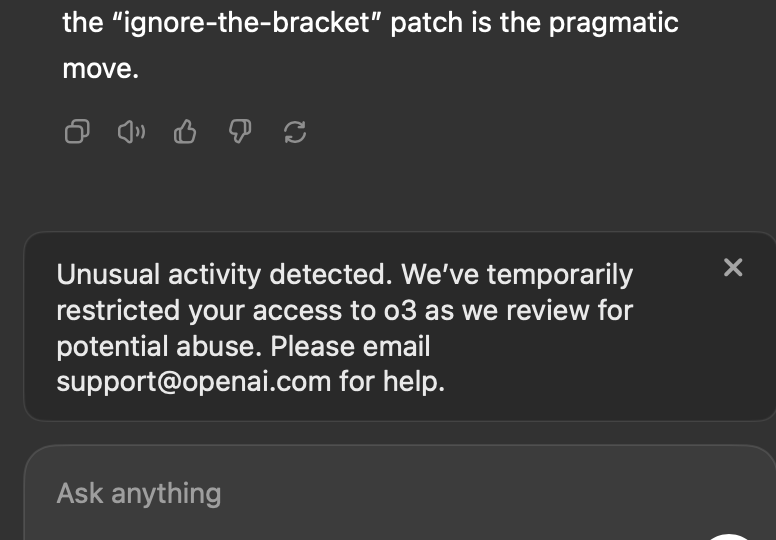 I've been having one of the most productive workdays of the year with o3 and apparently OpenAI is NOT happy about this

<a href="/sama/">Sam Altman</a> come get your boy