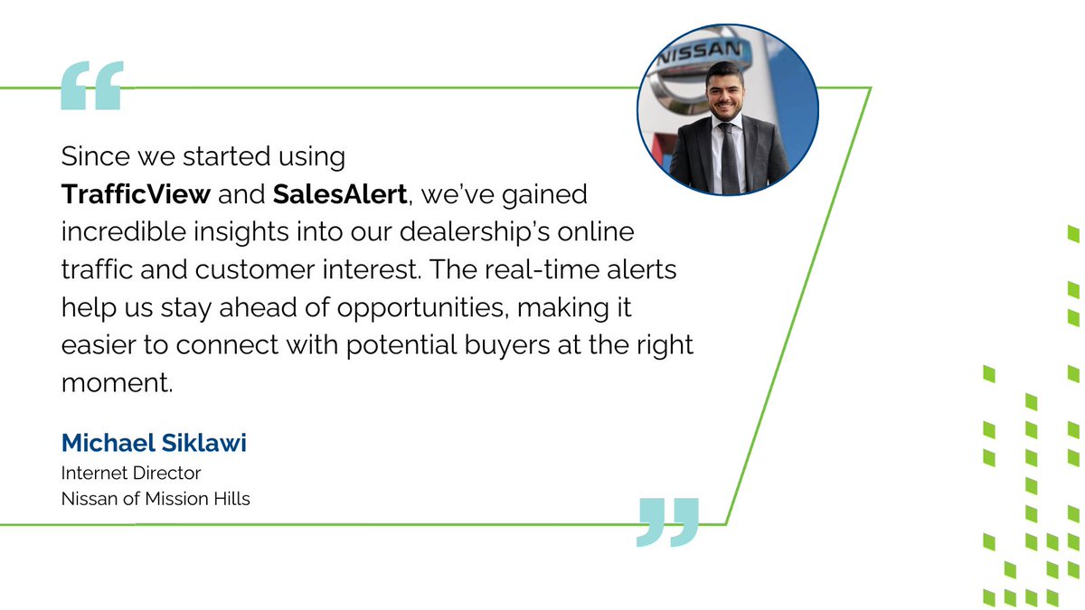 Dealers like Michael Siklawi are using defection (lost sales) data via TrafficView and SalesAlert to transform the way they engage with customers and drive sales performance.  

Ready to enhance efficiency and profitability? Learn more: bit.ly/3EQu6TR