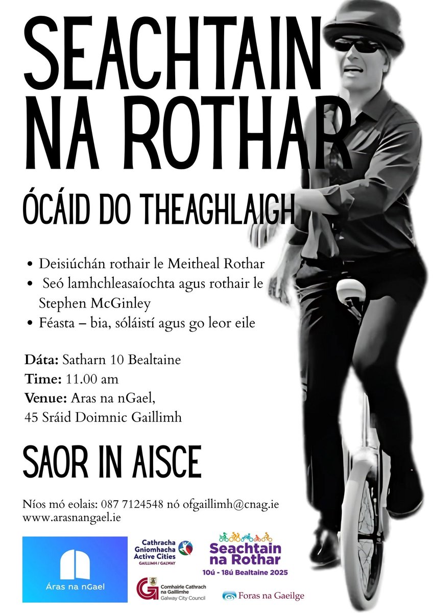 Ócáid do theaghlaigh. Saor in Aisce
Family event - Free
 #gaeilge #arasnangael #seachtainnarothar #cycleweek  
<a href="/GalwayCityCo/">Galway City Council</a> <a href="/ForasnaGaeilge/">Foras na Gaeilge</a> <a href="/GalwayCycling/">Galway Cycling Campaign (Feachtas Rothaíochta na G</a>