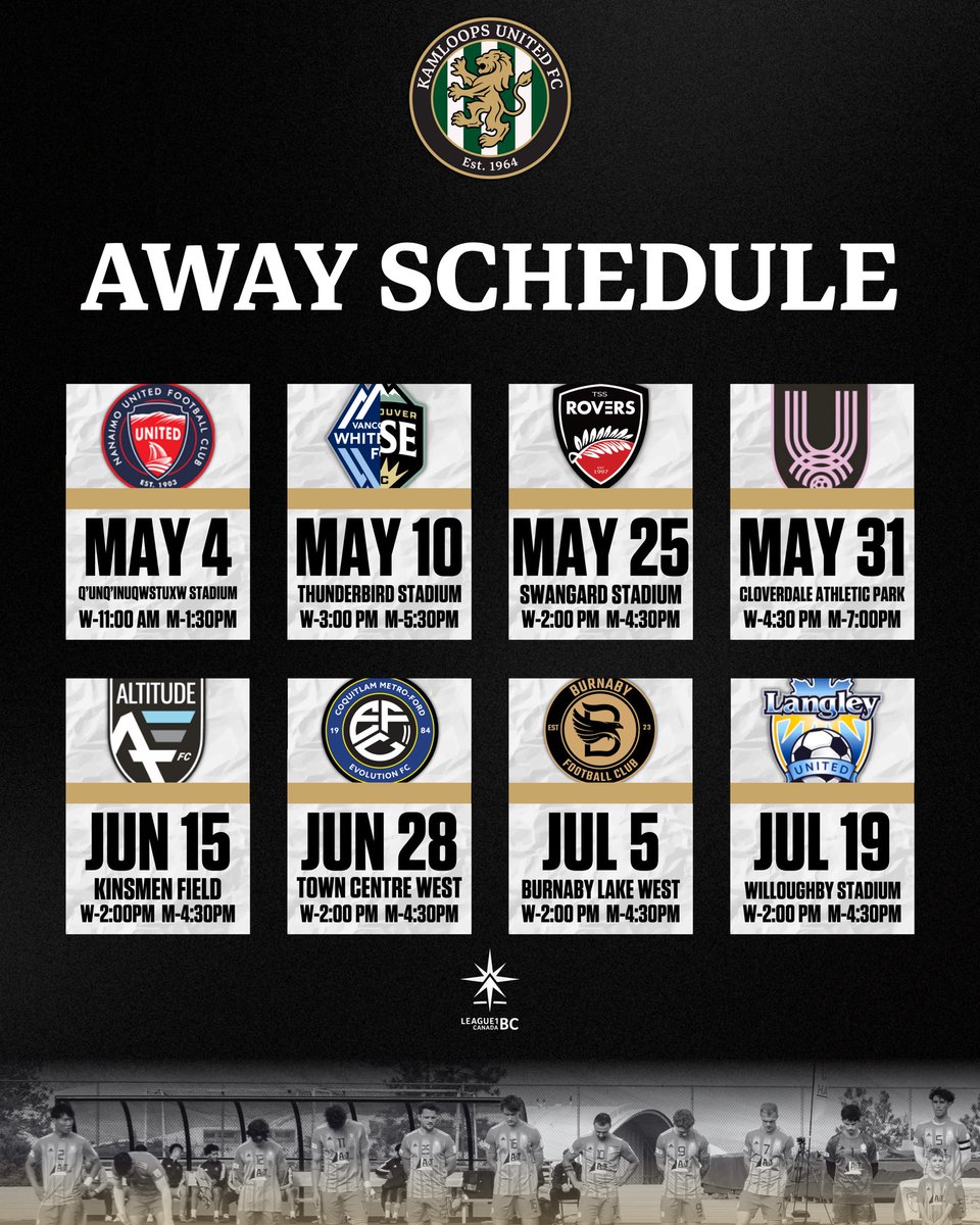 kamloopsunited's tweet image. Updated @League1BC Schedule! ⚽️
Our game vs @AltitudeFC_ca on April 26 will now be at McArthur Island #2
#KamloopsUnitedFC #KUFC