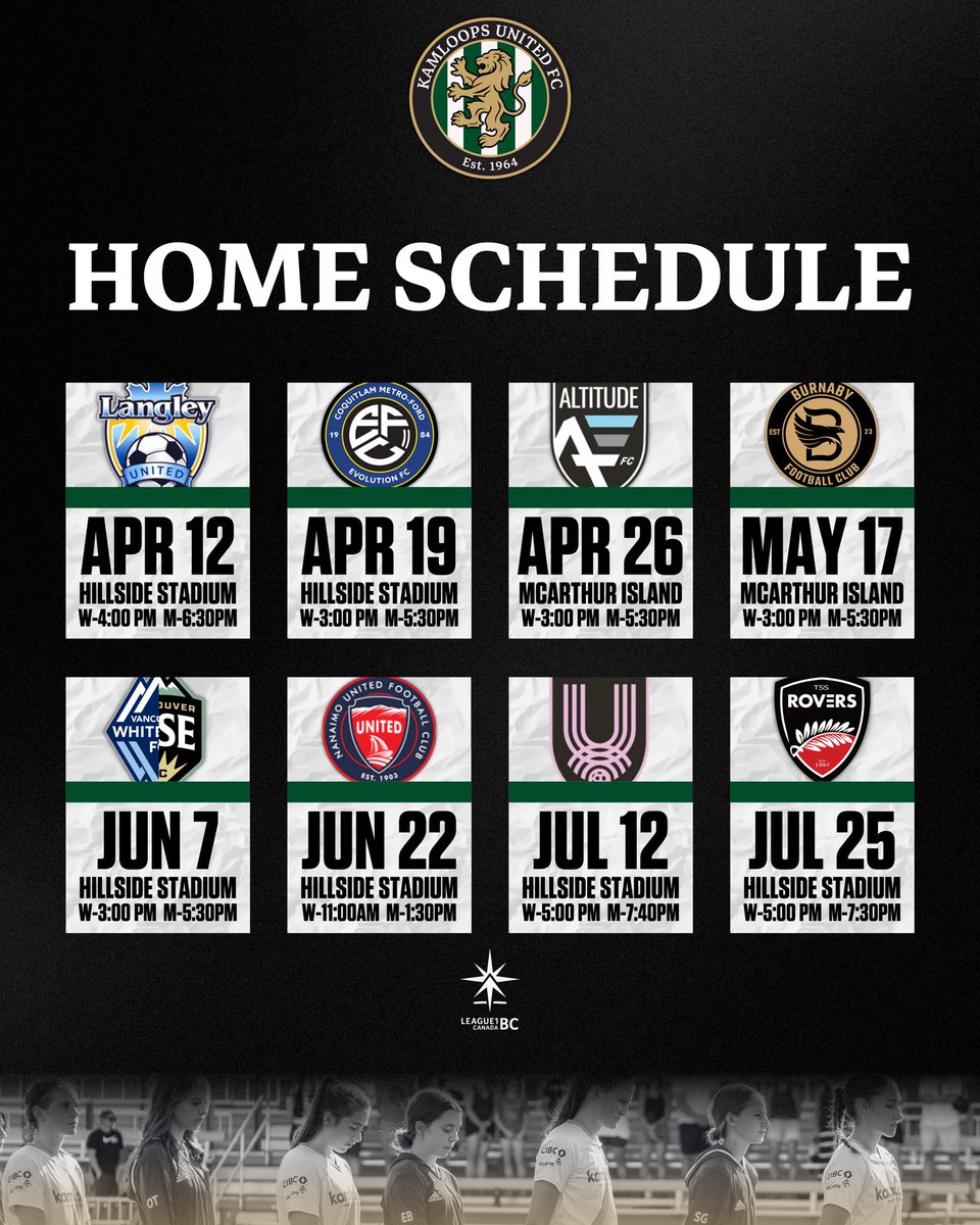 kamloopsunited's tweet image. Updated @League1BC Schedule! ⚽️
Our game vs @AltitudeFC_ca on April 26 will now be at McArthur Island #2
#KamloopsUnitedFC #KUFC