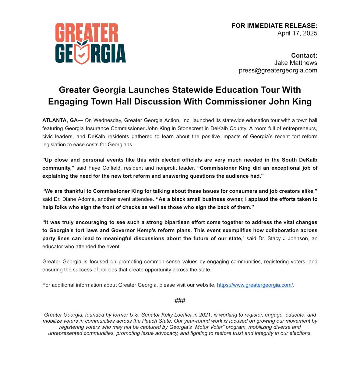 The first stop on our statewide education tour was a huge success!

Thank you Commissioner <a href="/JohnKingGA/">John King</a> for coming out and giving an update on Georgia’s lawsuit reforms and what it means for families and businesses. Check out some of the comments from those who attended ⬇️
