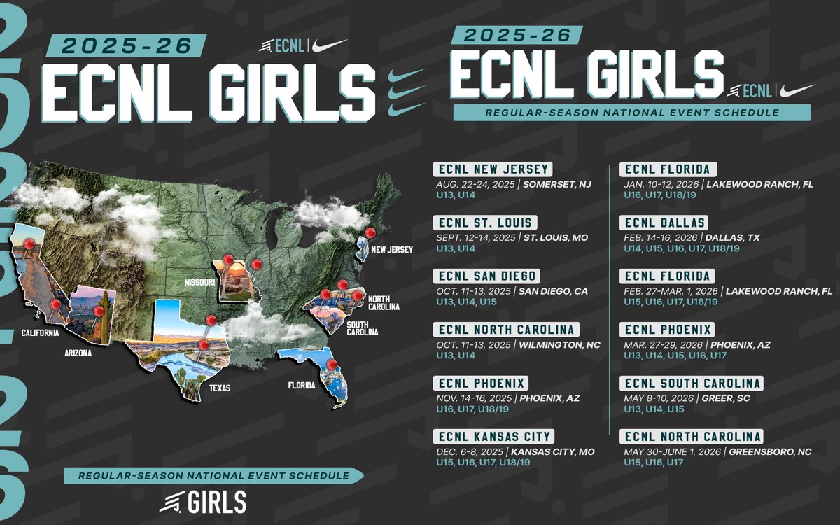 Mark your calendars! The official 2025-26 ECNL Girls Regular-Season National Event schedule is here 🗓️ 

#ECNL | #RaiseTheGame

Read more: ecnl.info/25-26-national…
