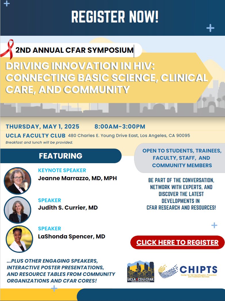 CHIPTS's tweet photo. We are excited to announce the 2nd Annual #CFAR Symposium on HIV/AIDS on May 1, 2025 in Los Angeles. The aim of this symposium is to provide cutting-edge research presentations, posters, and networking opportunities with leading experts in HIV. Register: https://t.co/mNOj2U56eQ https://t.co/sIvyKbIP54