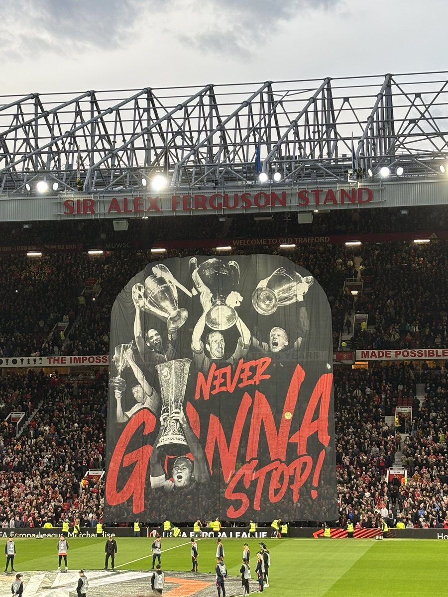 hirstclass's tweet photo. Tifo highlighting Manchester United’s previous European successes unfurled in front of the SAF stand before kick off at Old Trafford https://t.co/uWIwpT7D5L