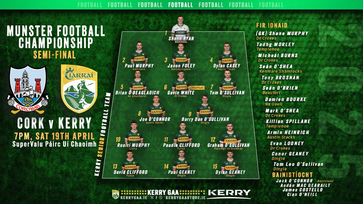 Team Announcement: Kerry vs Cork - Munster Senior Football Championship Semi-Final

Full team news here: kerrygaa.ie/2025/04/team-a…

#WeAreKerry #CiarraíAbú
