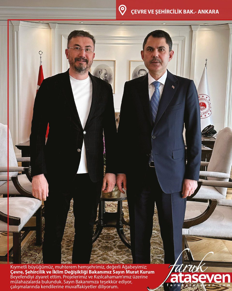 Kıymetli büyüğümüz, muhterem hemşehrimiz, değerli Ağabeyimiz; Çevre, Şehircilik  Bak. Sn. <a href="/murat_kurum/">Murat KURUM</a> Beyefendiyi ziyaret ettim.
Projelerimiz ve Kızılcahamam’ımız üzerine mülahazalarda bulunduk. Sn. Bakanımıza teşekkür ediyor, çalışmalarında kendilerine muvaffakiyetler diliyorum