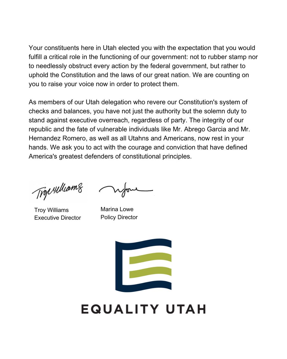 Troy Williams (@troywilliamsut) on Twitter photo Our open letter to Utah's federal delegation: protect the rule of law, due process and judicial authority. <a href="/SenJohnCurtis/">Senator John Curtis</a> <a href="/CelesteMaloyUT/">Celeste Maloy</a> <a href="/RepBlakeMoore/">Congressman Blake Moore</a> <a href="/BurgessOwens/">Burgess Owens</a> <a href="/RepMikeKennedy/">Rep. Mike Kennedy, M.D.</a> <a href="/SenMikeLee/">Mike Lee</a> Our open letter to Utah's federal delegation: protect the rule of law, due process and judicial authority. <a href="/SenJohnCurtis/">Senator John Curtis</a> <a href="/CelesteMaloyUT/">Celeste Maloy</a> <a href="/RepBlakeMoore/">Congressman Blake Moore</a> <a href="/BurgessOwens/">Burgess Owens</a> <a href="/RepMikeKennedy/">Rep. Mike Kennedy, M.D.</a> <a href="/SenMikeLee/">Mike Lee</a>