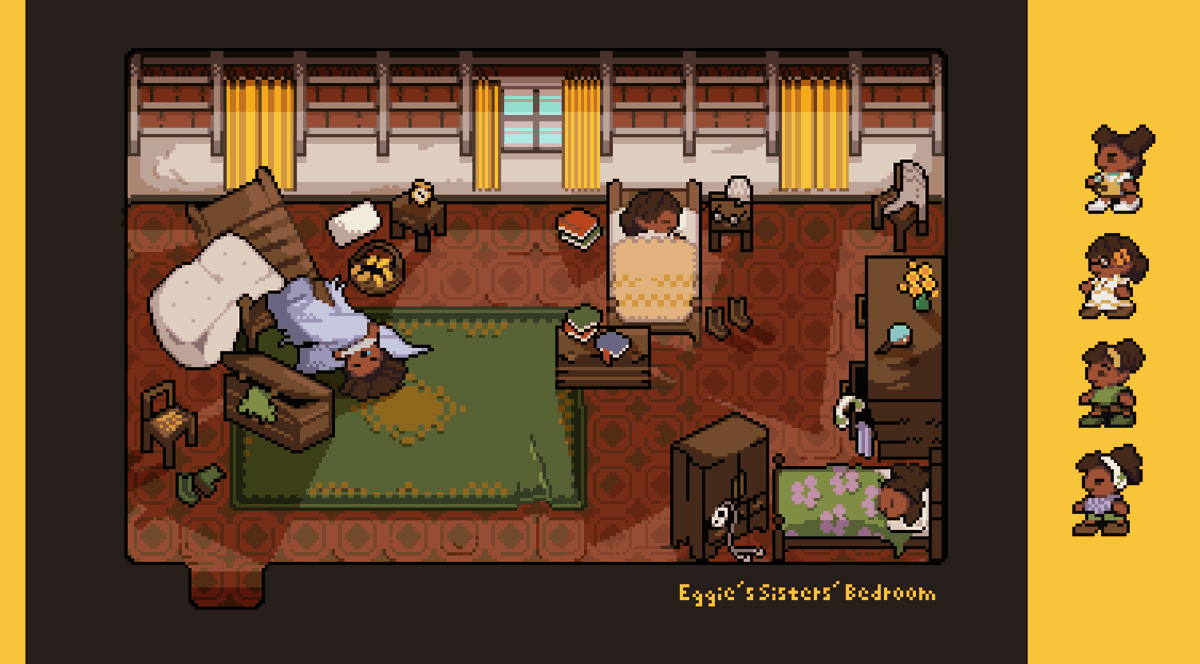GladiEATers's tweet photo. At the crack of dawn, Eggie has the egg-citing task of waking her sisters, which is no easy feat ☀ Hopefully the smell of fresh eggs makes it worth it!

Wishlist GladiEATers now: https://t.co/7K04RKiZ61 🧁

#GladiEATers🧅 
#jrpg #indiegame #pixelart #baking #turnbasedthursday https://t.co/kyjdMbxGvn