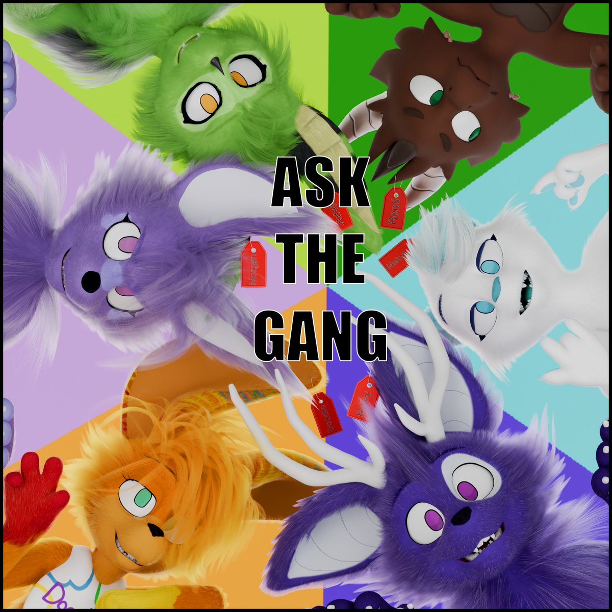 HEY! Have questions for Bailey and the Gang? Well ask away! 
Drop a question and who it's for in the comments and I'll animate them answering as many as I can!!

Bailey🟣, Doodle 🟠, Morgan🟪, June🟢, Remi🟤 and Melody 🩵 are ready for whatever you got for them!