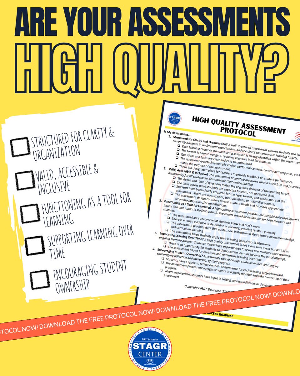 1stEdResources's tweet image. Want better assessments that actually reflect student learning?

Download the FREE High-Quality Assessment Protocol—a must-have checklist to ensure your assessments are clear, fair, and aligned.

Get it here: bit.ly/4iostuF

#AssessmentMatters #HighQualityAssessment