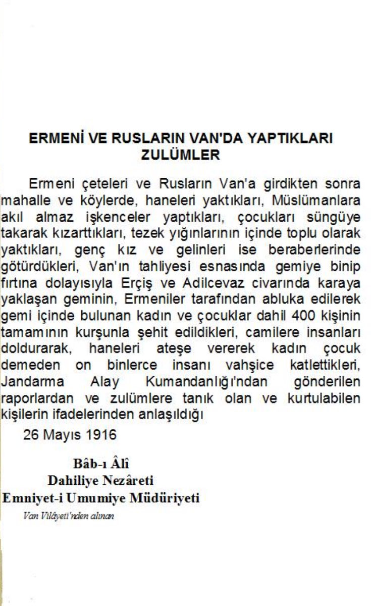 Ermeni ve Rusların Müslüman ahaliye Van’da yaptıkları zulümleri belgeleyen 26 Mayıs 1916 tarihli yazı