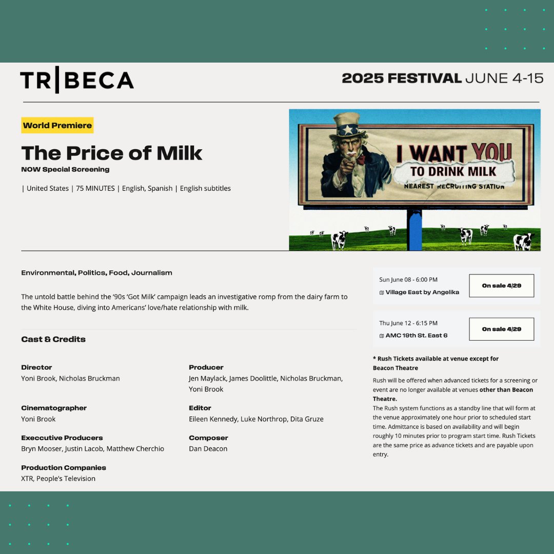 Big news! 🎉Our original docuseries, “The Price of Milk”, is having its world premiere at the <a href="/Tribeca/">Tribeca</a> Film Festival this June!

Over 4 episodes, this offbeat investigative docuseries unravels America’s love affair with dairy milk and how it soured.