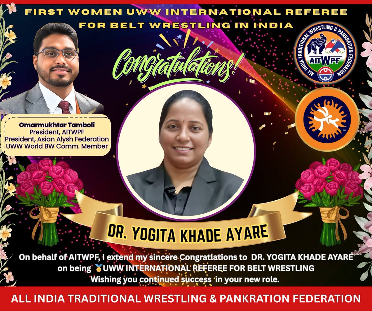 aitwpfindia's tweet photo. Heartiest Congratulations to Dr. Yogita Khade Ayare! 

India's First Woman UWW International Referee for Belt Wrestling.
Honored at the World Grand Prix in Bishkek, Kyrgyzstan, A proud moment for AITWPF &amp; Indian Traditional Wrestling!

Omarmukhtar Tamboli
President, AITWPF https://t.co/8GbUtnmURr
