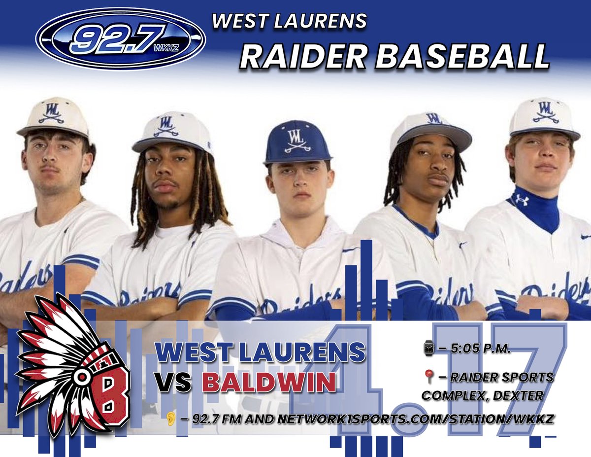 Clay Reynolds (@clayreynolds3) on Twitter photo <a href="/WestBballraider/">West Laurens High School Baseball</a> senior night vs. Baldwin
5:05 p.m. airtime / 5:30 first pitch
Listen here: 92.7 FM and network1sports.com/station/wkkz <a href="/WestBballraider/">West Laurens High School Baseball</a> senior night vs. Baldwin
5:05 p.m. airtime / 5:30 first pitch
Listen here: 92.7 FM and network1sports.com/station/wkkz