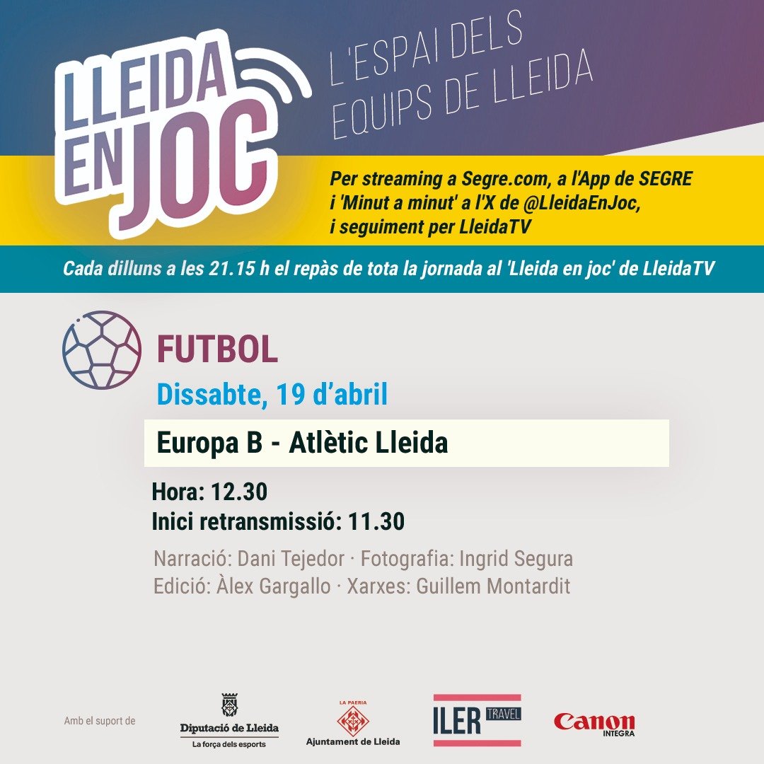 💥 TRIPLE ració de FUTBOL a #LleidaEnJoc⚽️

📆 Dissabte, 12h: L'<a href="/atletic_lleida/">Atlètic Lleida</a> visita a l'<a href="/CEEuropa/">Club Esportiu Europa</a> B!
#EuropaBAtlèticLleida

📆 Diumenge, 12h: La <a href="/SEAEM_1925/">Secció Esportiva AEM</a> rep a la <a href="/AlavesFem/">Deportivo Alavés Gloriosas</a> per <a href="/LleidaTV/">Lleida TV</a>!📺
#AEMAlavés

📆 Diumenge, 12h: El <a href="/LleidaCF/">Lleida CF</a> visita al <a href="/tcf_oficial/">Torrent C.F.</a>!
#TorrentLleida