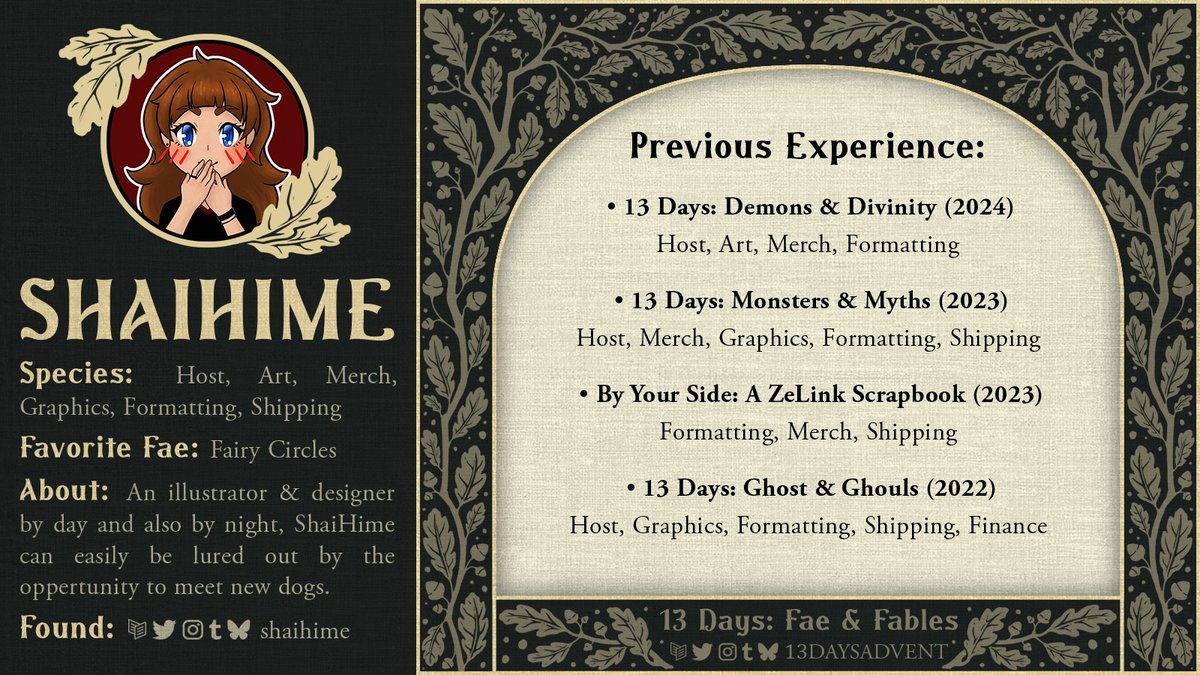 Our final and host mod: <a href="/shaihime/">shaihime</a>! Wearer of many hats, some of them just so happen to have a few fungi growing atop them.

#13days #13daysadvent #faeandfables #13days2025 #modspotlight
