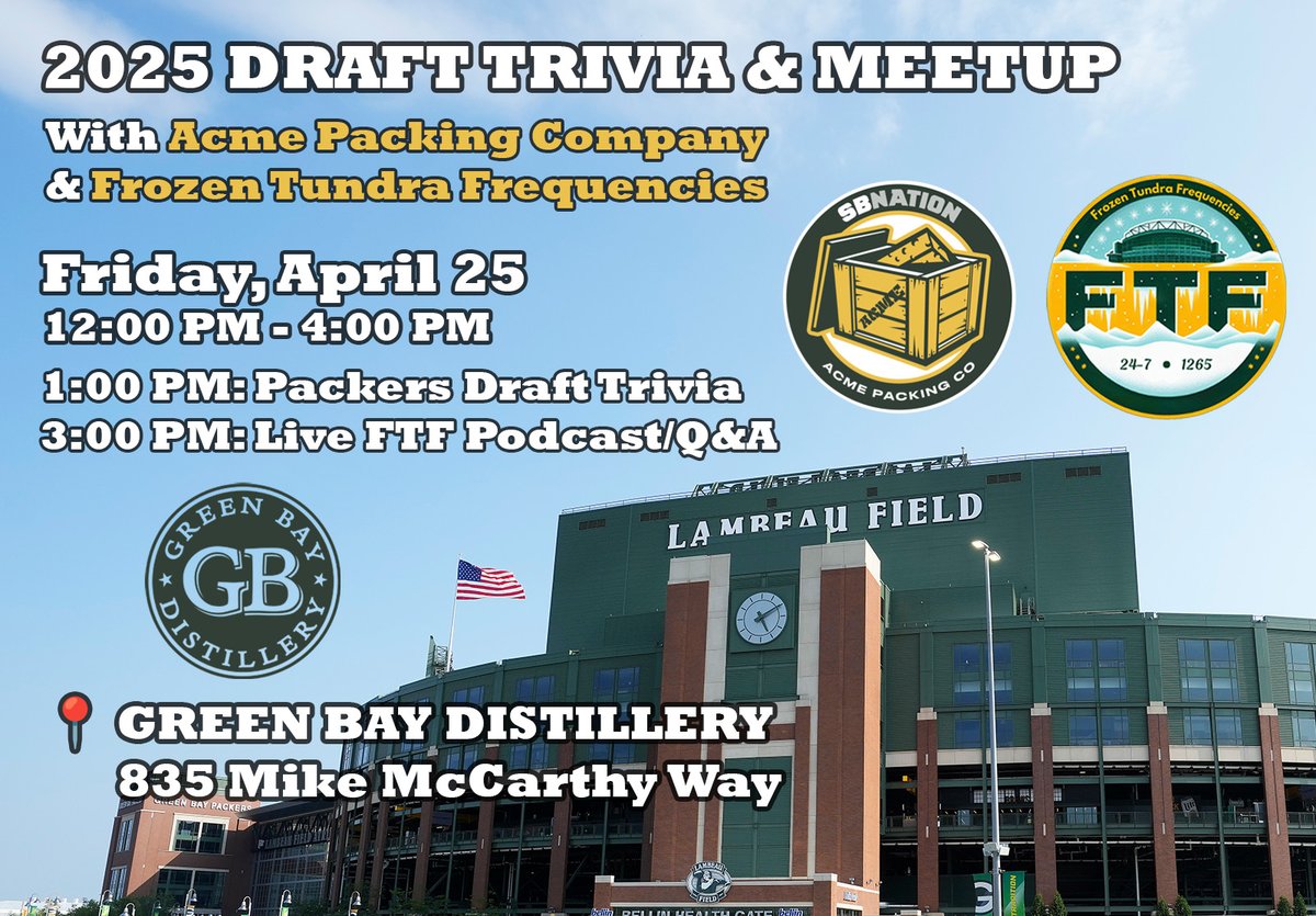 BIG NEWS, FRIENDS - we want to see you all next Friday in Green Bay! 

Join several of us from FTF at <a href="/GBDistillery/">Green Bay Distillery</a> from 12-4 PM to hang out, play some Draft-themed bar trivia, and take in a live FTF podcast with Q&amp;A!