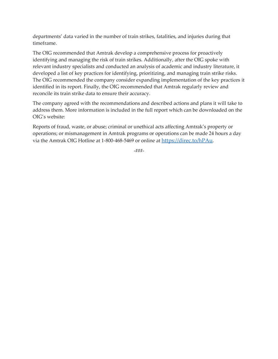 ICYMI: Amtrak is working to reduce its risk of incidents where trains hit people or vehicles, but its risk management process could be more comprehensive and proactive. Read more: direc.to/nbH3