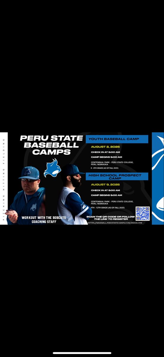 Registration is open for our August 2nd Youth Camp and August 9th Prospect Camp!  Spread the word and sign up to experience life as a Bobcat Baseball player for a day!  Details and event information can be found on the flyer below and registration through QR code or weblink