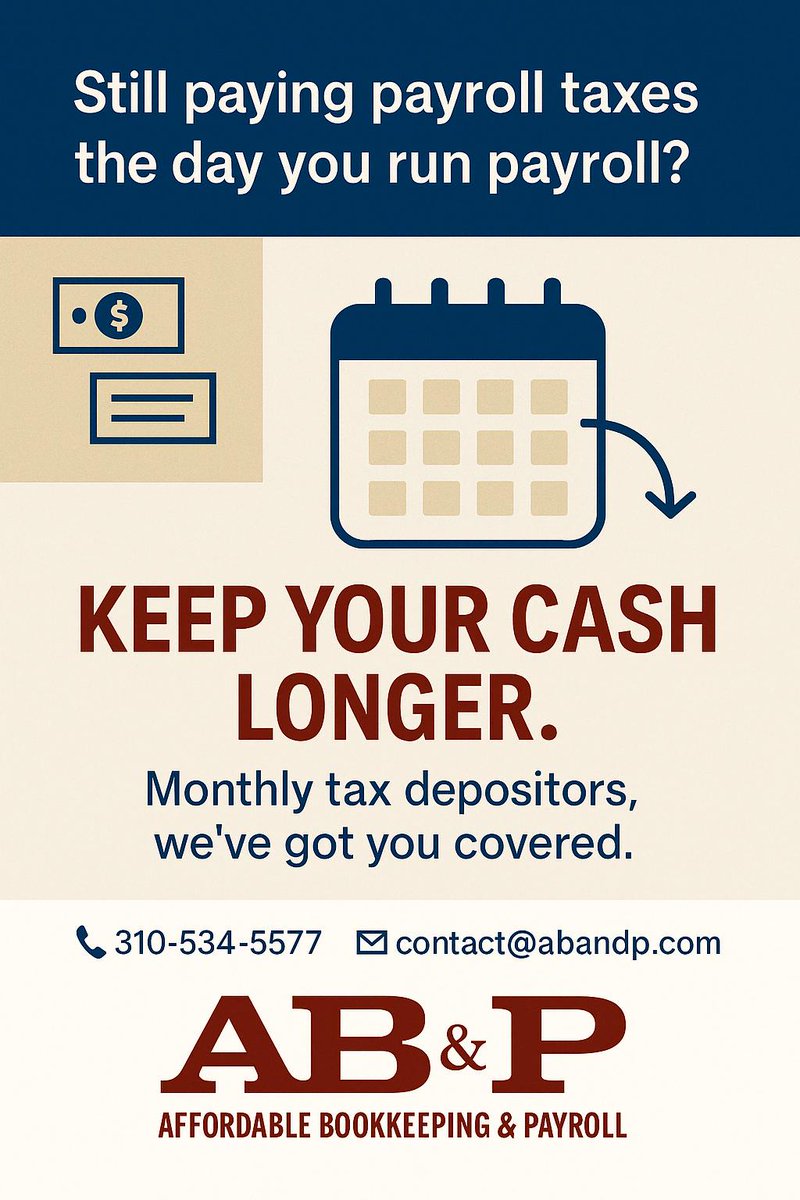 AffordableBP's tweet image. Are you tired of your payroll company pulling taxes within 24 hours of your payroll processing?
Reach out to us for a quote!
📞 310-534-5577
📧 contact@abandp.com
Let’s make your payroll work for you!
#PayrollHelp #CashFlowTips #BookkeepingMadeEasy #SmallBusinessSupport