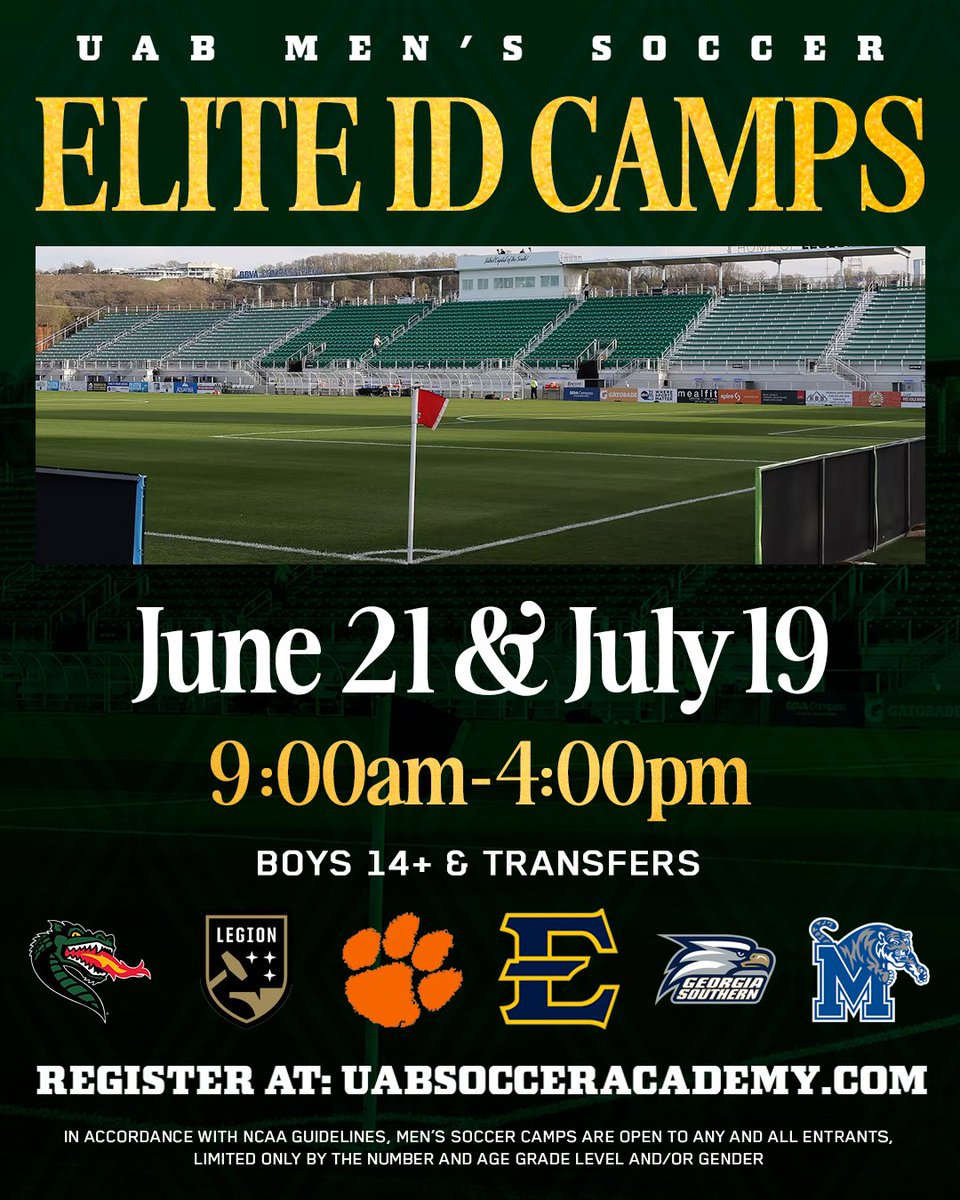 2025 ELITE ID CAMPS ⚽️ 🔥

Register now for your chance to showcase your ability in front of the UAB staff &amp; coaches from other top Colleges, Universities, and Professional Clubs 🔍

Visit: UABsocceracademy.com 📲

#WinAsOne 🐉