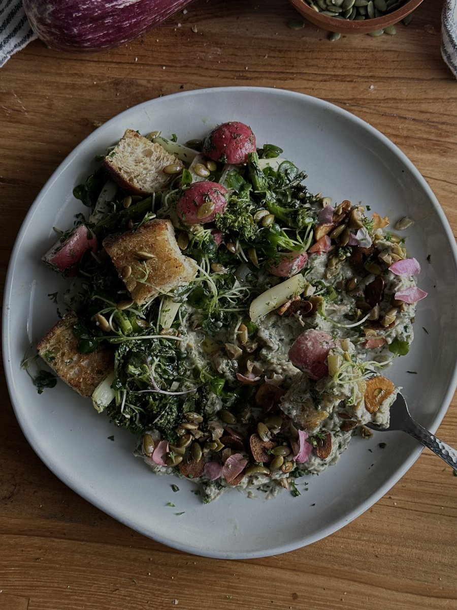 Roasted spring “panzanella” with caper vinaigrette &amp; charred zucchini baba ghanoush. A salad for salad haters! Recipe up now <3