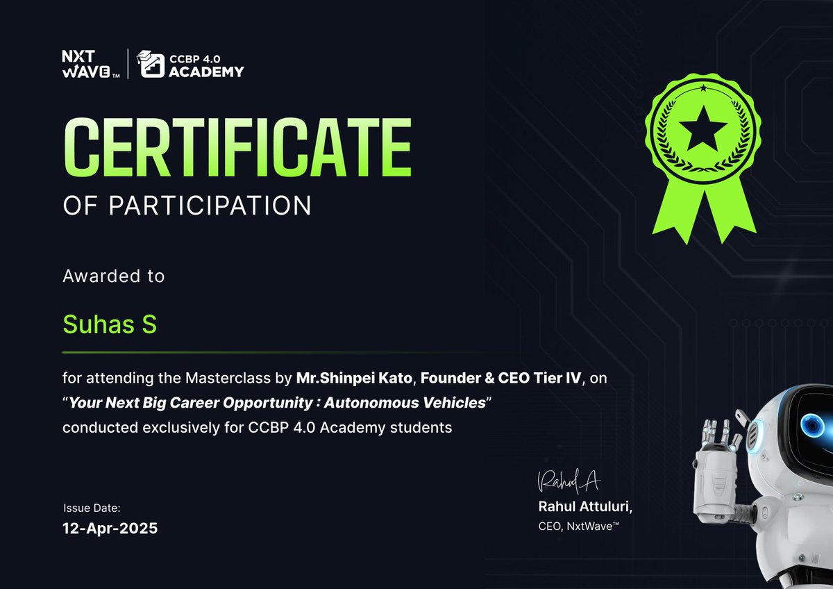 SuhasRock007's tweet image. 🎙️Attended an inspiring masterclass podcast by Mr. Shinpei Kato, a true visionary in Autonomous Driving Tech! 🚗💡
Gained valuable insights on the future of AI in mobility and self-driving systems. Grateful for the opportunity!
#AutonomousDriving #AI #TechMasterclass #CCBP4.0