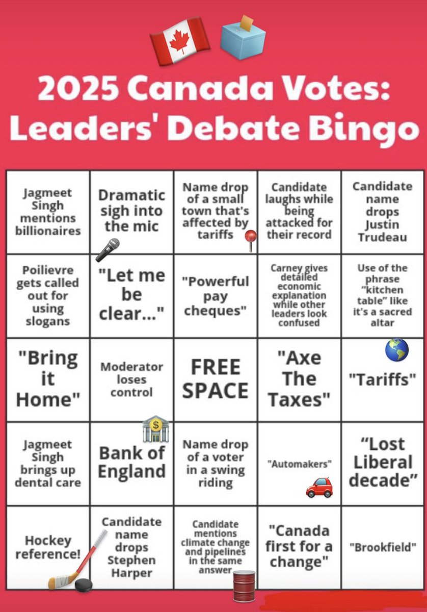 It’s debate night round two in Canada. Here’s a bingo card that sadly doesn’t come with prizes: