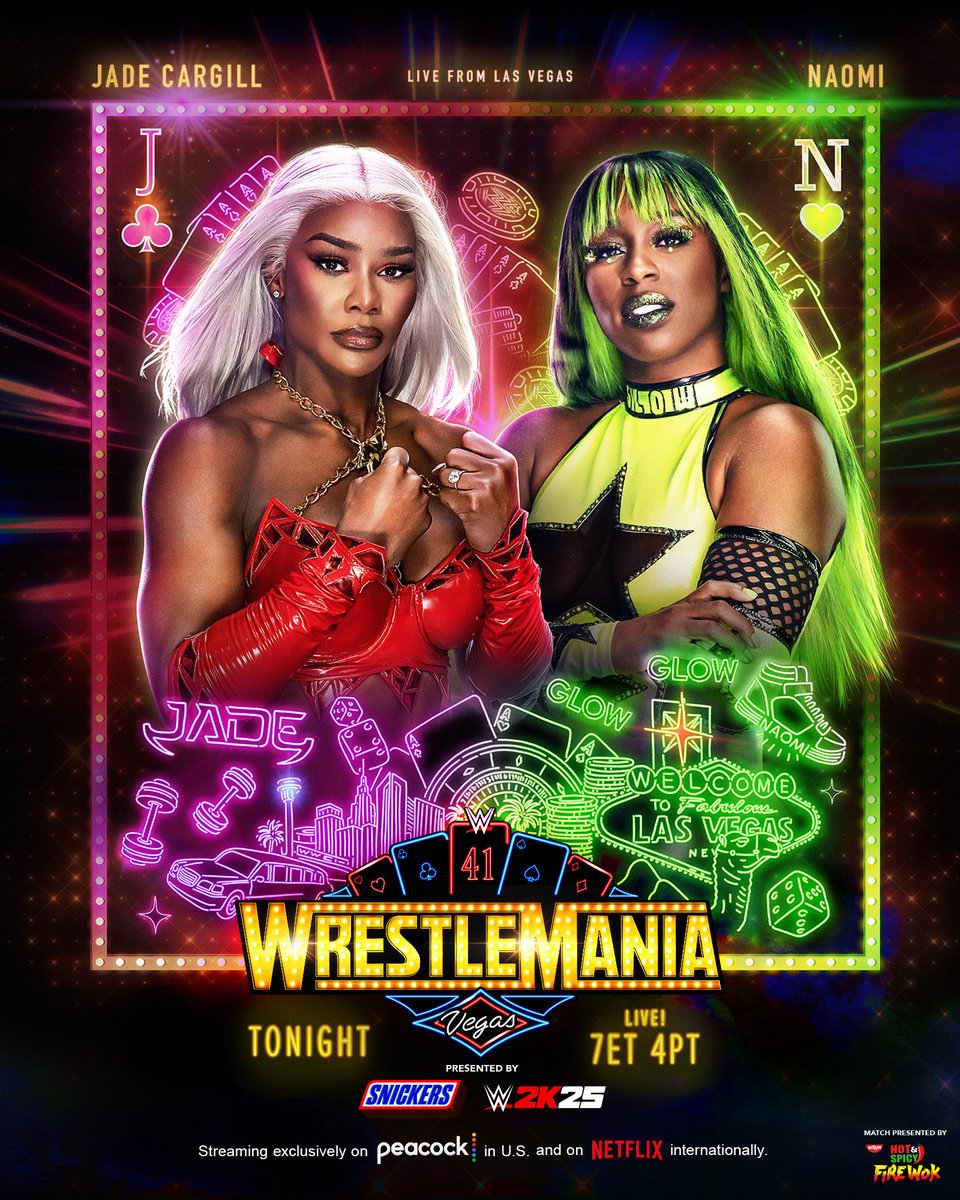 WWE's tweet image. It's on between furious foes @Jade_Cargill and @TheTrinity_Fatu TONIGHT at #WrestleMania 41!

7ET/4PT
Streaming exclusively on @peacock in the U.S. and @netflix internationally.

🦚 pck.tv/3bqfYSq
🌍 netflix.com/wwe