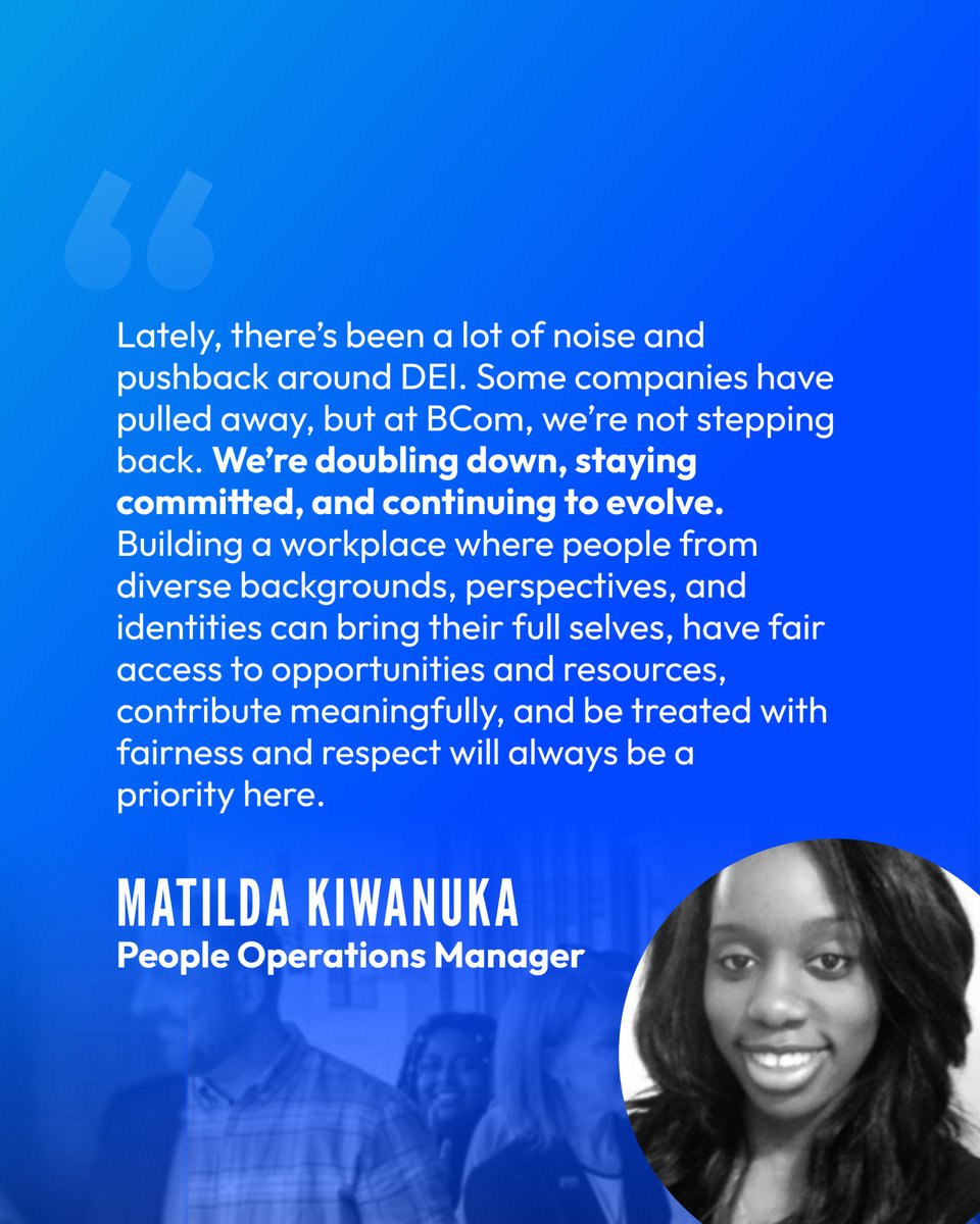 bcom_solutions's tweet image. April is Diversity Month! Hear from BCom People Operations Manager Matilda Kiwanuka on our company&apos;s approach to diversity, equity, inclusion and belonging. 📣🩵