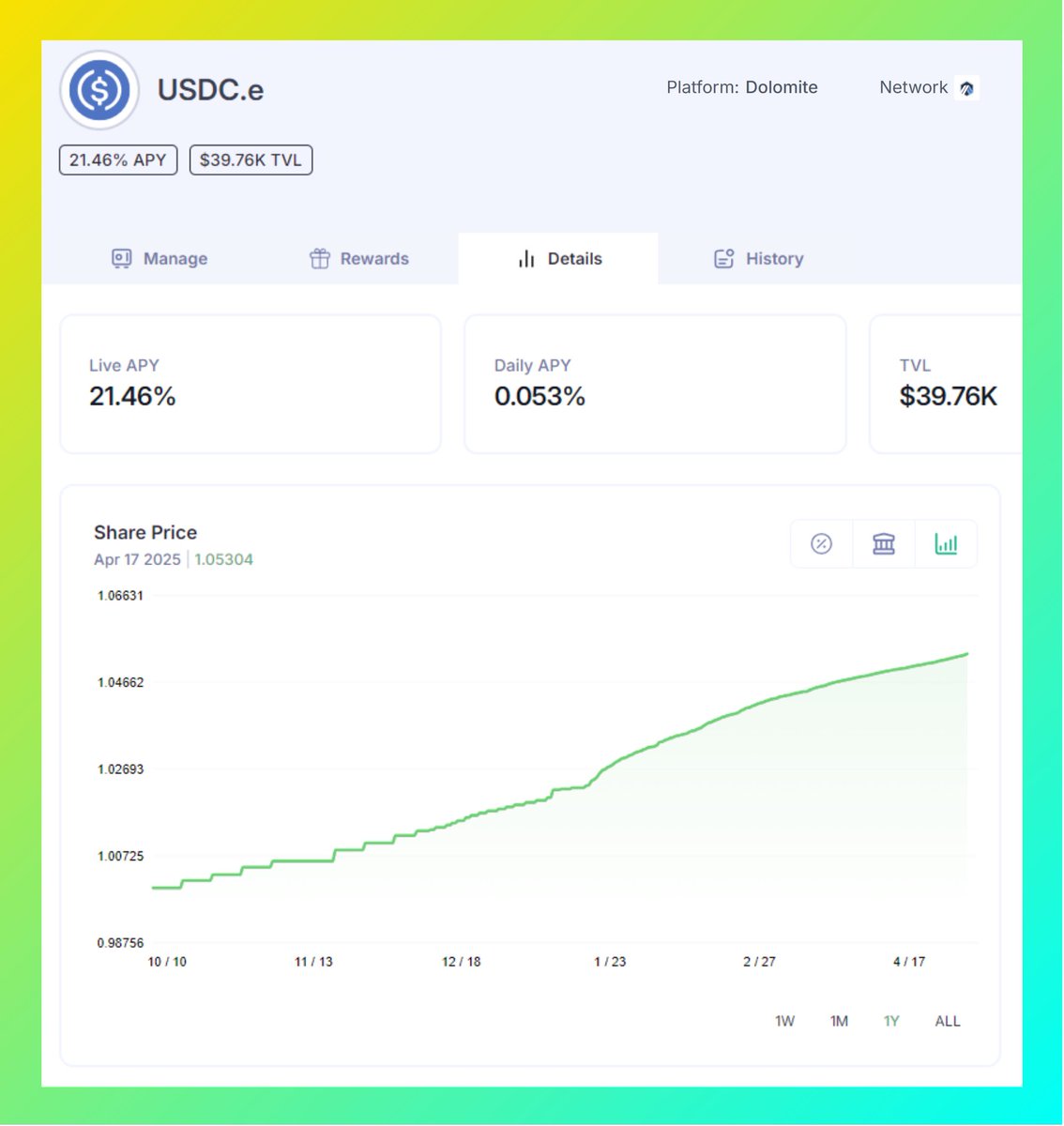 With the <a href="/Dolomite_io/">Dolomite 🏔️</a> vault, <a href="/harvest_finance/">Harvest</a> offers good performance on USDC

→ app.harvest.finance/arbitrum/0xac0…