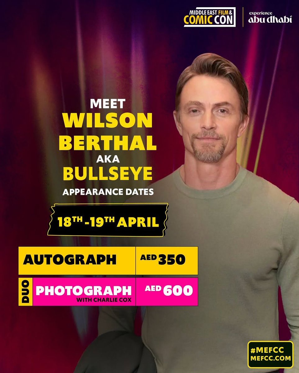 Daredevil fans, this one’s for you, Wilson Bethel is officially joining the MEFCC 2025 lineup!

From his unforgettable role as Bullseye in Marvel’s Daredevil, he’s bringing that same intensity straight to Abu Dhabi.
