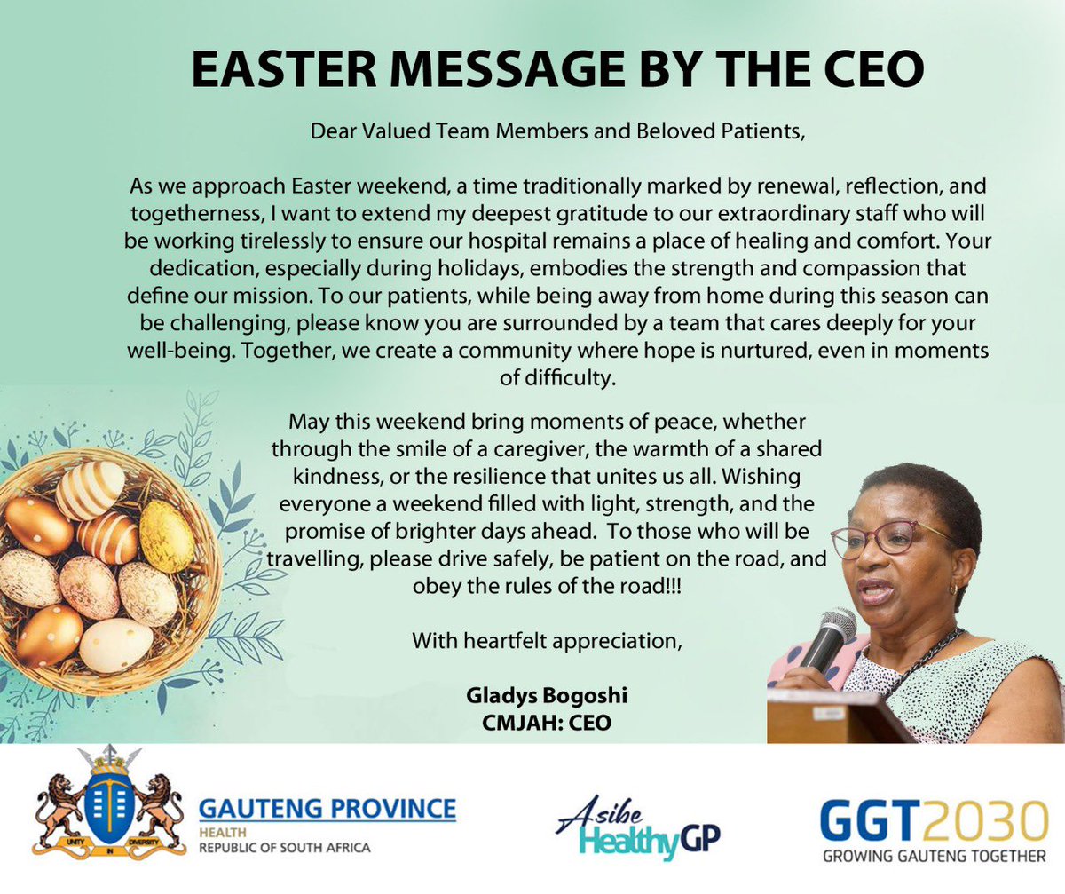CharlotteMaxJAH's tweet image. Easter Message from our CEO to staff and our beloved patients 🫶

#CMJAH
#AsibeHealthyGP
#easterweekend
#easter