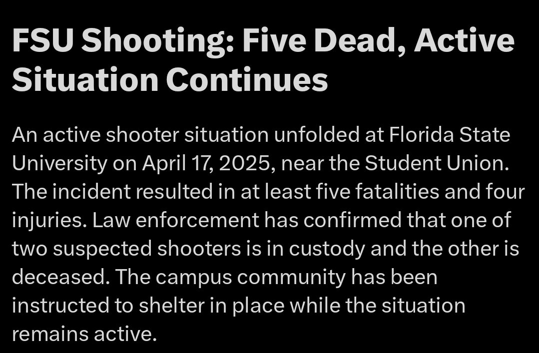 genjustlaw's tweet photo. FSU Shooting : 5 dead &amp; 4 injured after a shooting took place at Florida State University.
#FSUAlert #news #FSUShooting https://t.co/XqAh8jDCto