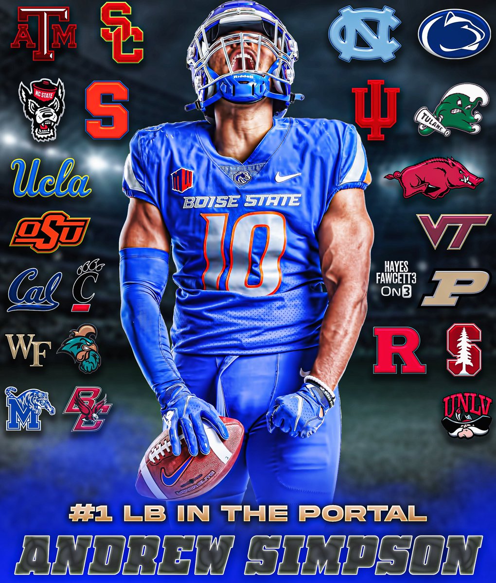 Boise State standout transfer LB Andrew Simpson has heard from these 22 Schools since entering the Portal

In his career he’s totaled 150 Tackles, 36 TFL, 15 Sacks, 6 FF, 3 INT, 5 PD, &amp; 3 FR

Ranked as the No. 12 Player (No. 1 LB) in the Portal per On3

on3.com/db/andrew-simp…