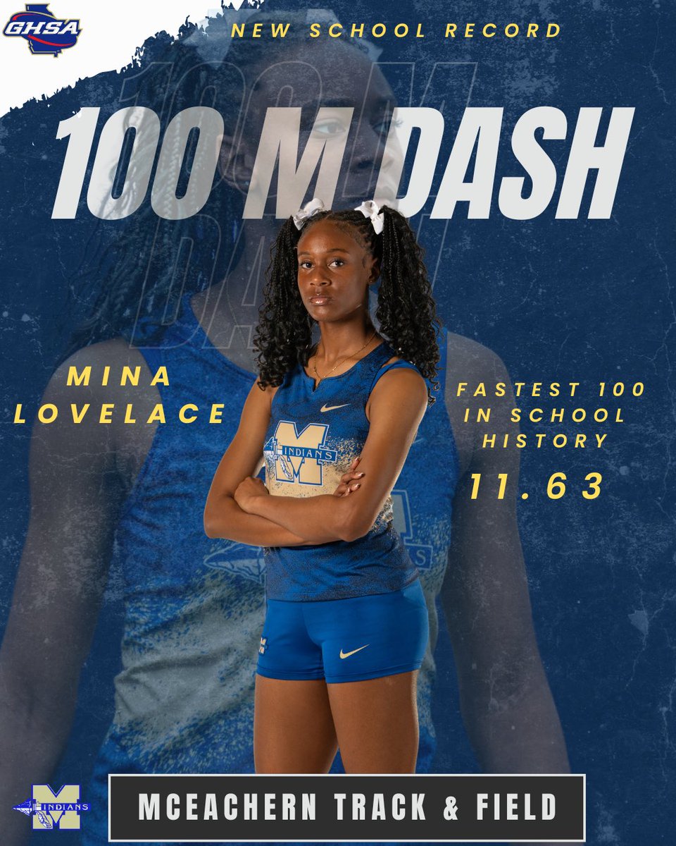New School Record! Yesterday Freshman Mina Lovelace broke a 9 year old record previously held  by Makenzie Dunmore (11.64) with a time of 11.63 🔥 

Let’s Congratulate her on this accomplishment !

#MHSTrack #MHSTrackandField #GoIndians #GoldBlooded #SchoolRecord