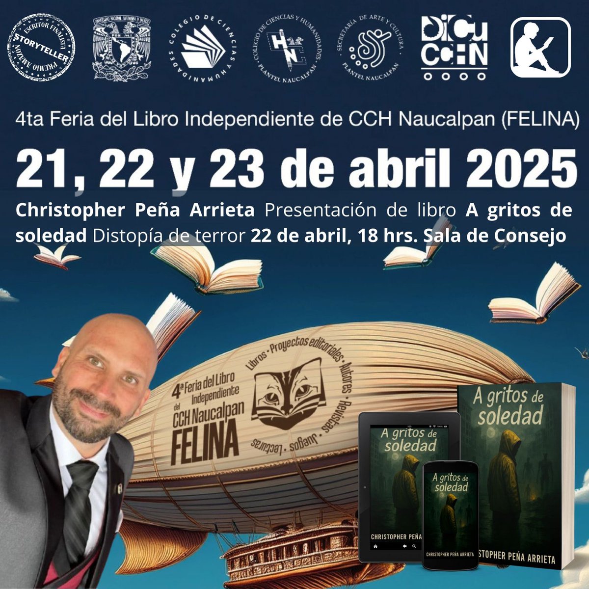 Chris_P_A's tweet photo. El 22, a las 6pm, tendré el honor de participar en la #feriadellibroindependiente de @dicucchn   #FELINA2025 Presento A gritos de soledad; si la quieren leer en digital, gratis, les dejo este link: https://t.co/HwTu9YYyIF https://t.co/SrgeQluzxc