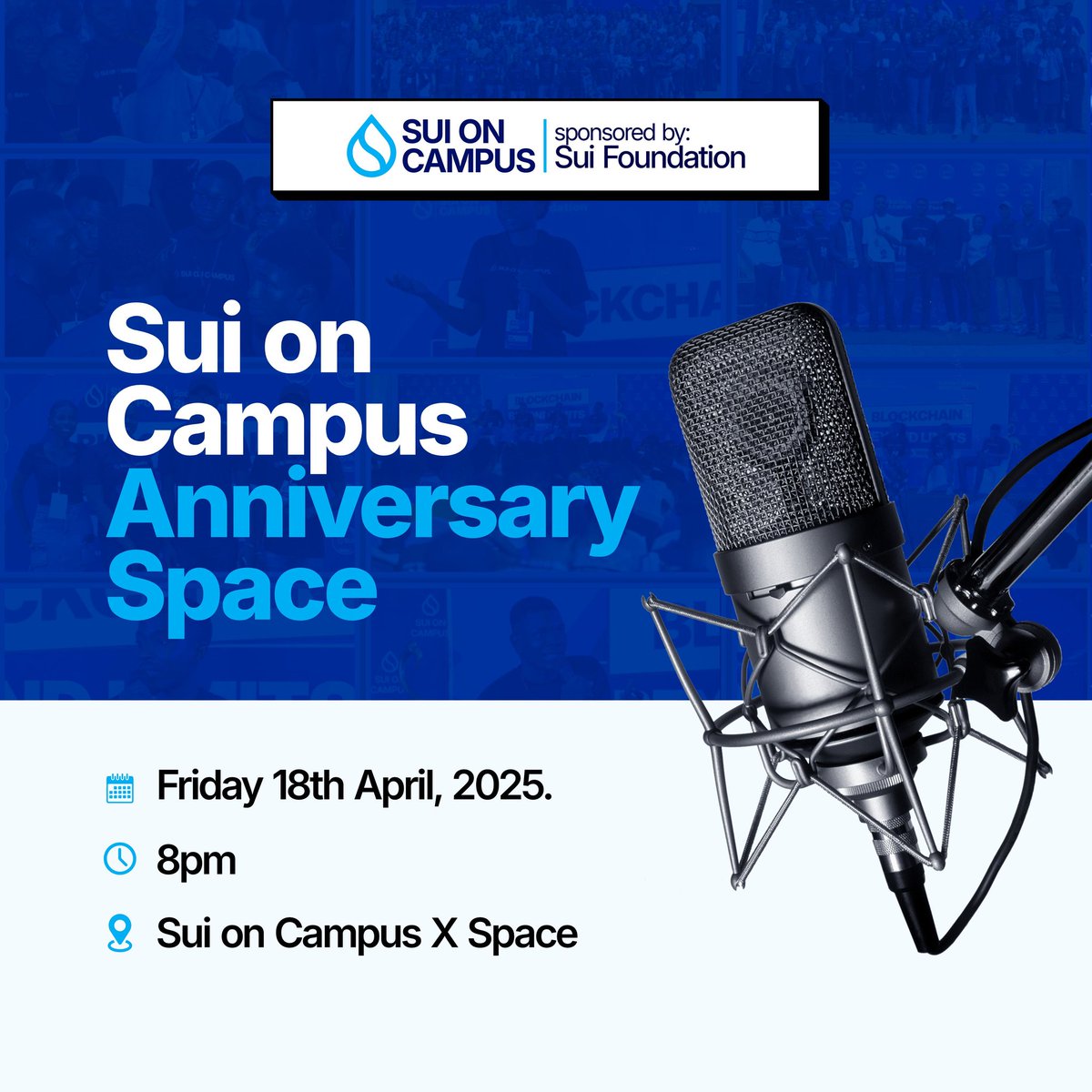 suioncampus's tweet photo. @suioncampus 1-Year Anniversary Celebration! 🥳🎉

Join us TOMORROW for a special Anniversary Space. Hear from our core team as they share our incredible journey, the challenges we’ve overcome, and our bold vision for the future of Web3 on @SuiNetwork. 💧🌊

🗓️ Date: April 18, 2025 
🕒 Time: 8pm📍

Don’t miss this chance to vibe with the community, connect, and celebrate how far we’ve come together! 

Join us on the space and share your @suioncampus stories with us! 💬

#Sui
#SuiOnCampus
#SuiOnCampusAtOne
#SuiOnCampusAnniversary