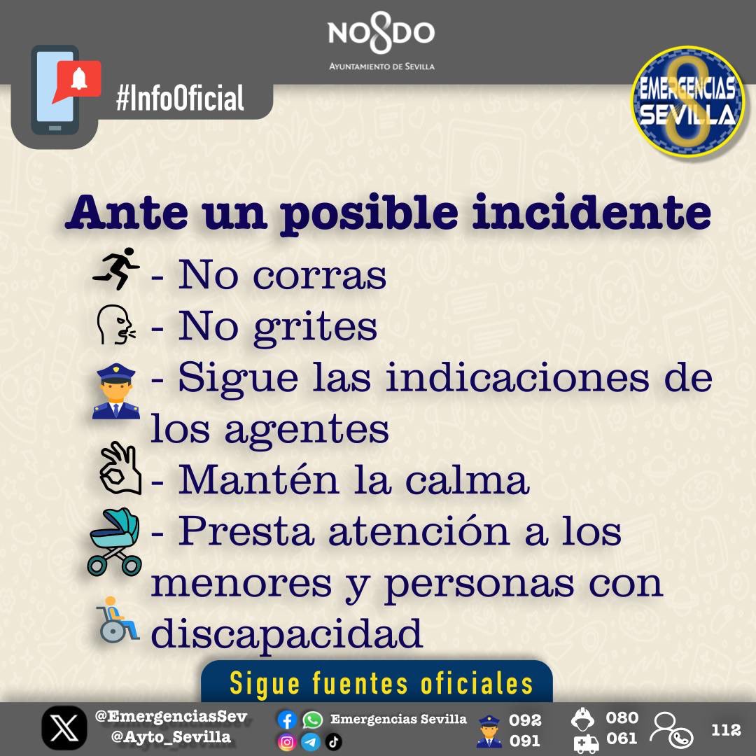EmergenciasSev's tweet photo. 🟪#SSantaSevilla25 #Madrugada
Si estás disfrutando de la Semana Santa en #Sevilla, sigue estas recomendaciones si observas algún incidente:
👌 No corras, no grites y sigue las indicaciones de los agentes.
👌Mantén la calma, presta atención a los menores y mayores, así como a las personas con discapacidad.
Gracias por tu colaboración
Cc @ElConsejoSev @policia @E112Andalucia 
#SeguridadCiudadana @Ayto_Sevilla