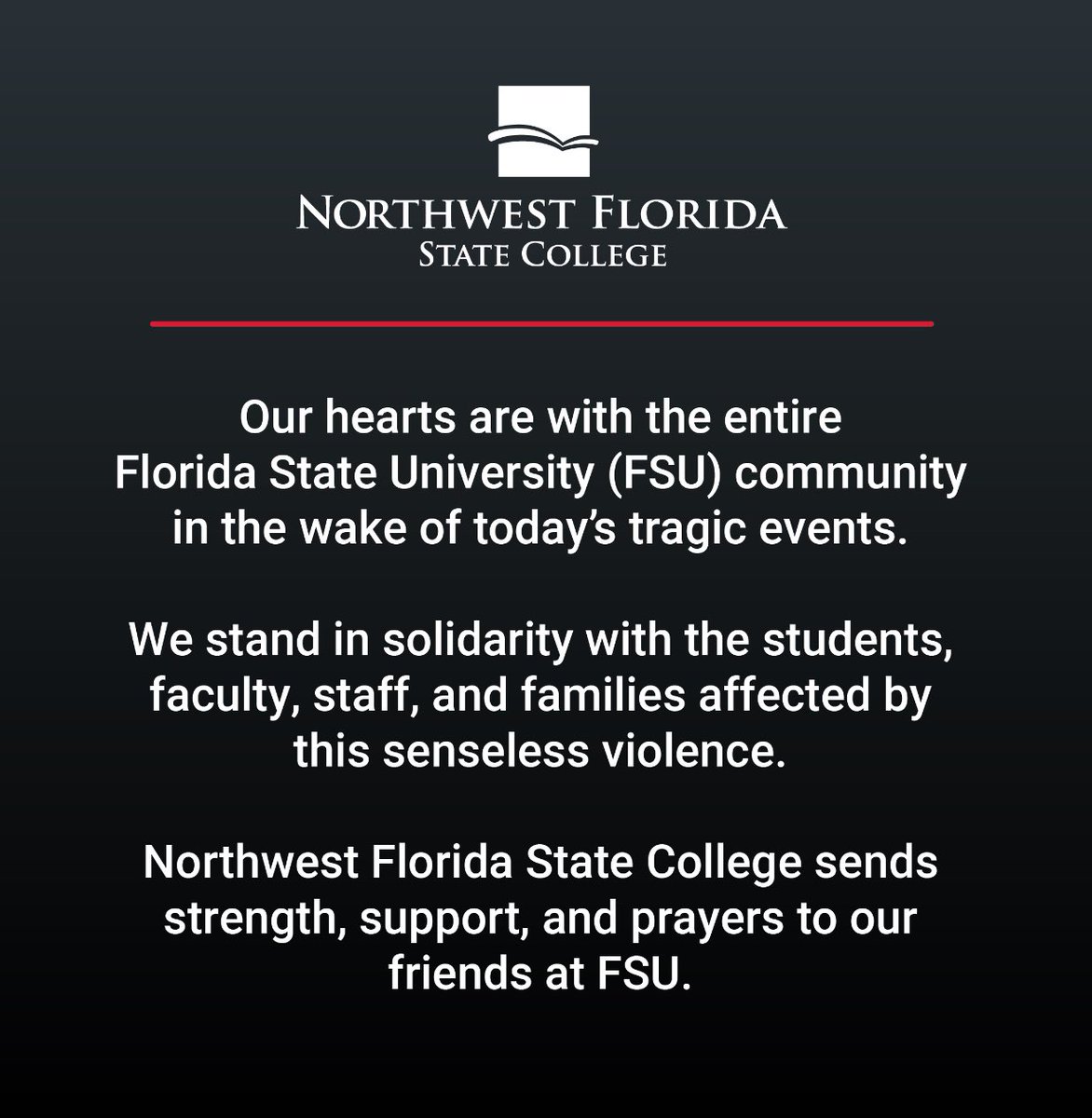 Mel Ponder (@mel_ponder) on Twitter photo My heart goes out to the Florida State University family following todayโs shooting. @NWFStateCollege stands with FSUโs students, faculty, and staff. 
ย 
My wife, Mona, and I met at FSU and we are both proud alumni. We offer our sincerest prayers to all impacted by todayโs tragedy My heart goes out to the Florida State University family following todayโs shooting. @NWFStateCollege stands with FSUโs students, faculty, and staff. 
ย 
My wife, Mona, and I met at FSU and we are both proud alumni. We offer our sincerest prayers to all impacted by todayโs tragedy