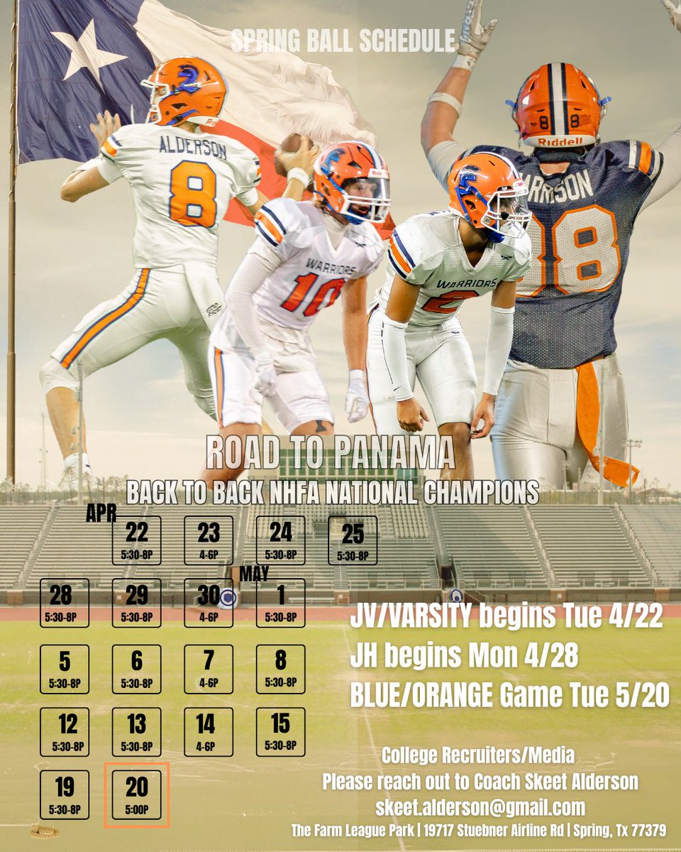TomballChristianWarriors (@tcwarriors) on Twitter photo 🔥Tomball Christian Warriors Spring Ball Schedule🔥
🗓️ April 22- May 20
⏰ 5:30 PM - 8:00 PM
4:00 - 6:00 PM (Wednesdays)
Come see what the back to back defending National Champs are all about! 🛡️ ⬆️
#recruithomeschool
<a href="/SkeetAlderson/">Coach Alderson</a> <a href="/philipwilkins23/">PhilipWilkins</a> <a href="/CoachHuard/">Chris Huard</a> <a href="/jacoblharrison/">jacob harrison</a> 🔥Tomball Christian Warriors Spring Ball Schedule🔥
🗓️ April 22- May 20
⏰ 5:30 PM - 8:00 PM
4:00 - 6:00 PM (Wednesdays)
Come see what the back to back defending National Champs are all about! 🛡️ ⬆️
#recruithomeschool
<a href="/SkeetAlderson/">Coach Alderson</a> <a href="/philipwilkins23/">PhilipWilkins</a> <a href="/CoachHuard/">Chris Huard</a> <a href="/jacoblharrison/">jacob harrison</a>