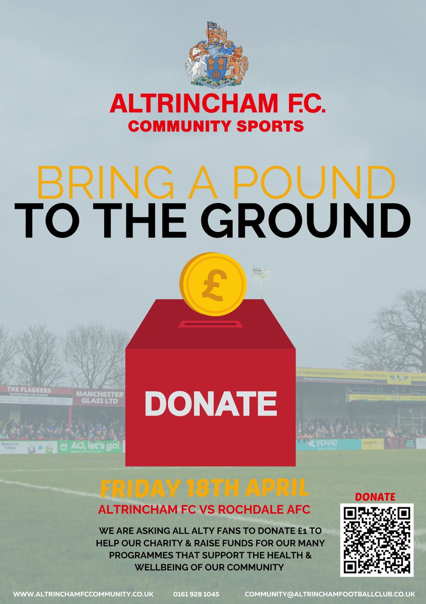 Altrincham FC Community Sports (@afc_comm_sports) on Twitter photo POUND TO THE GROUND
Altrincham FC Community Sports are asking all Alty fans to bring ยฃ1 to the ground on Friday 18th April to help support our charity & the programmes we run which benefit the health & wellbeing of our community!
โฝ<a href="/altrinchamfc/">Altrincham FC</a> vs AFC Rochdale
๐ 3pm kick off POUND TO THE GROUND
Altrincham FC Community Sports are asking all Alty fans to bring ยฃ1 to the ground on Friday 18th April to help support our charity & the programmes we run which benefit the health & wellbeing of our community!
โฝ<a href="/altrinchamfc/">Altrincham FC</a> vs AFC Rochdale
๐ 3pm kick off