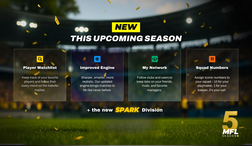 playMFL's tweet image. 🚨 Season 5 kicks off next week!

 New features. New division. Sharper engine.

✅ Player Watchlist
✅ My Network (follow clubs/users)
✅ Squad Numbers 👀
✅ Improved engine
⚡ Spark Division debuts

🗓️ Rollover Day: April 21

Link below for the full update 👇