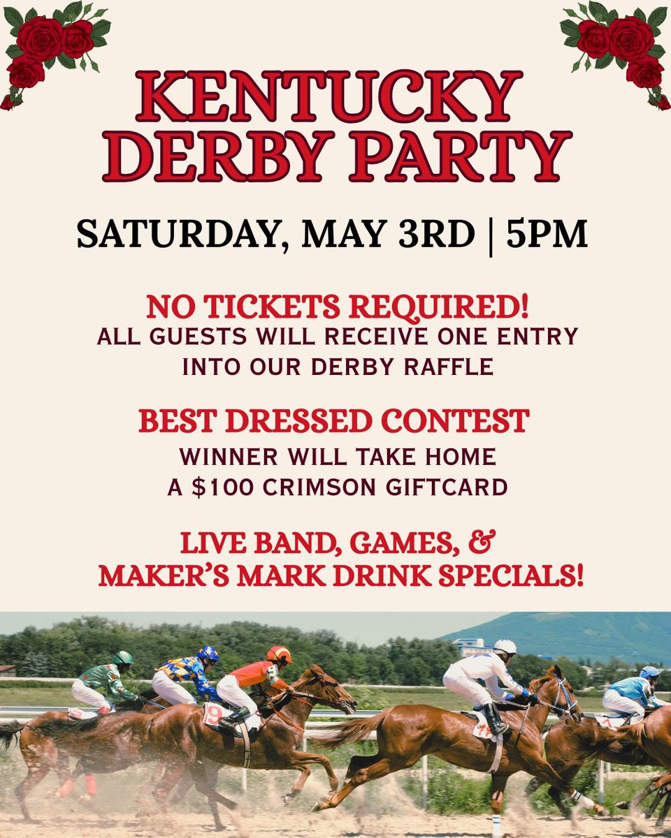 Derby Day Party at Crimson Whiskey Bar!
Saturday, May 3 | 5PM til late
Live music by Mularky, bourbon cocktails, Southern bites, and plenty of race-day fun.
Best Dressed wins a $100 gift card, plus raffles, a winning horse challenge &amp; more.
Free event! 
627 H Street NW