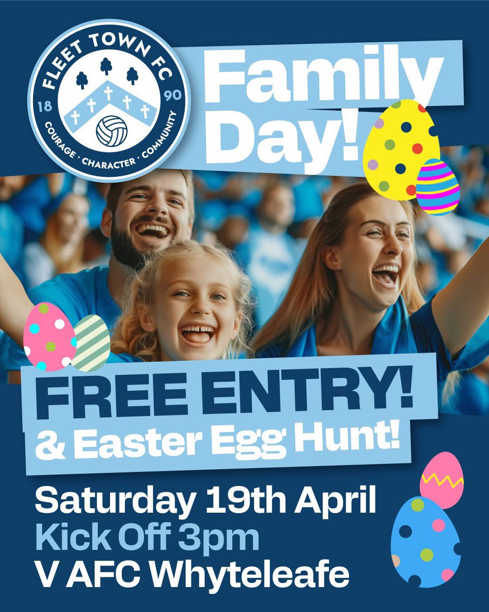 Fleet Town FC (@fcfleettown) on Twitter photo Join us the this Saturday for our family day, when we take on <a href="/AFCWhyteleafe/">AFC Whyteleafe ๐๐</a> in our final league game of the season ๐ก
Free entry for up to two adults when accompanying any children under the age of 16 and an Easter egg hunt before the match ๐ฃ
๐ - bit.ly/4jlCjyO Join us the this Saturday for our family day, when we take on <a href="/AFCWhyteleafe/">AFC Whyteleafe ๐๐</a> in our final league game of the season ๐ก
Free entry for up to two adults when accompanying any children under the age of 16 and an Easter egg hunt before the match ๐ฃ
๐ - bit.ly/4jlCjyO
